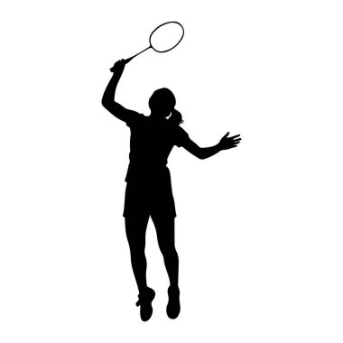 Havada uçan bir badminton oyuncusunun silueti bir mekiks sikine çarpmak için zıplıyor. Kafasının üstünde, vurmaya hazır bir badminton raketi tutuyor. Kolları açık, ve vücudu açılı, dinamik bir hareket hissi veriyor.