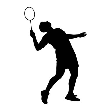 Badminton oynayan bir kişinin siyah silueti beyaz arka planda resmedilir. Oyuncu, görünmeyen bir mekik sikine vurmak için kafasının üzerinden badminton raketi sallarken vücudu bükülmüş bir şekilde tam aksiyonun ortasında. Kafaları geriye doğru eğilmiş ve... 