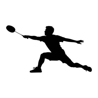 Bir erkek badminton oyuncusunun siyah bir silueti, hareketin ortasında, yüksek bir raketle ileri atlıyor, bir mekik sikine vurmaya hazırlanıyor. Oyuncu spor şort ve ayakkabılar giyiyor ve vücutları dinamik bir pozda bükülmüş. Görüntü izole edildi. 
