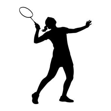 Bir kadın badminton oyuncusunun siyah silueti, bir raket tutuyor ve bir mekikçiye vuruyor gibi görünüyor. Vücudu açılı, bir kolu yukarı doğru, raketi tutuyor ve diğer kolu denge için dışarıda. Spor ayakkabısı giyiyor.
