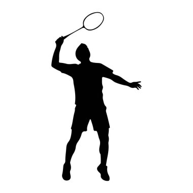 Havada bir erkek badminton oyuncusunun siyah silueti, kafasının üstünde bir raketle bir mekik horozuna vurmaya hazırlanıyor. Vücudu açılı, bir kolu açık ve diğeri eğik, dinamik bir duruş sergiliyor. Bu figür atletizm kıyafeti giyiyor.