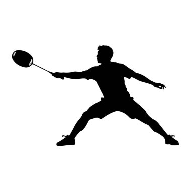 Oyunun ortasında bir erkek badminton oyuncusunun siyah silueti. Bacakları açık, alçak bir duruş içinde ve bir badminton raketini sallayarak bir mekik horozuna vuruyor. Oyuncu şort, tişört ve spor ayakkabısı giyiyor. Arka plan... 