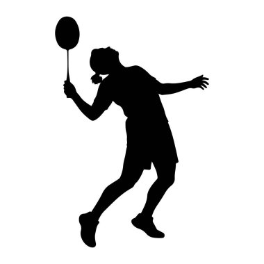 Havada uçan bir badminton oyuncusunun siyah silueti raketiyle bir mekik horozuna saldırmaya hazırlanıyor. Vücudu kavisli, başı arkaya eğik, kolları açık, dinamik bir atletik hareketi yakalıyor. Bu şekil bir ovaya karşı izole edilmiş.