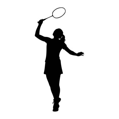 Bir kadın badminton oyuncusunun siyah silueti. Aksiyonun ortasında, kafasının üstünde raket tutuyor, bir mekik sikine vurmaya hazırlanıyor. O bir etek ve spor ayakkabıları giyiyor, vücudu açılı ve bir kolu uzatılmış. Görüntü simsiyah bir siluet.