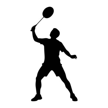 Badminton oynayan siyah bir siluet. Rakam, bir kolu yukarıda, kafalarının üstünde badminton raketi tutan, bir mekik sikine vurmaya hazırlanan bir hareketin ortasında. Oyuncunun vücudu açılıdır, bacakları dinamik bir duruşla bükülür, şekerim.