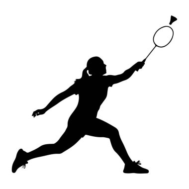 Bir kadın badminton oyuncusunun siyah silueti. Hareketin ortasında, kolları açık ileri atlıyor, elinde bir raketle bir mekik sikine vuruyor. Oyuncu saçını at kuyruğu ile arkaya bağlamış ve atletik kıyafetler giyiyor. Görüntü simsiyah.
