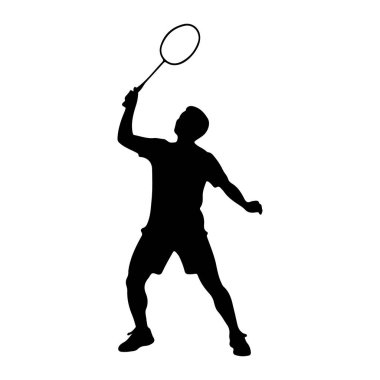 Badminton oynayan siyah bir siluet. Figür hareket halinde, bir kolu yukarıda, elinde badminton raketi ile bir mekik sikine vurmaya hazırlanıyor. Vücut açılı, dinamik bir hareketi işaret ediyor. Atletizm önlüğü giyiyor.