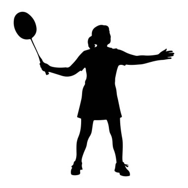 Kadın bir badminton oyuncusunun siyah silueti iş başında. Sağ elinde bir raket tutuyor ve kolları açıkta. Oyuncu kısa bir etek ve spor ayakkabıları giyiyor. Arkaplan düz beyaz.