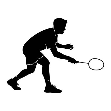 Badminton oynayan siyah bir siluet. Şekil hareket halinde, bir bacağı bükülmüş ve diğeri uzanmış, sağ elinde bir badminton raketi tutuyor, vurmaya hazır. Adam atletik şort ve tişört giyiyor. Arkaplan