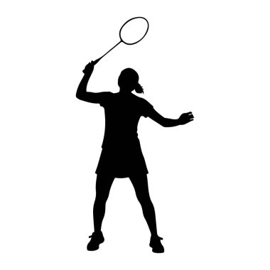 Başının üstünde raket tutan, salıncakta sallanan bir kadın badminton oyuncusunun siyah silueti. O bir tişört ve etek giyiyor, kolları ve bacakları hareket için konumlanmış. Arkaplan düz beyaz.