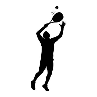 Tenis oyuncusunun siyah silueti havada, tenis topuna vurmak için raket sallıyor. Oyuncu şort ve kolları havada ve bacakları dinamik bir pozda eğilmiş bir tişört giyiyor. Arkaplan düz beyaz.