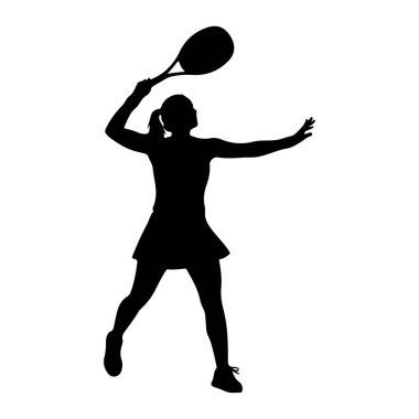 Serviste yakalanan bir kadın tenisçinin siyah silueti. O, saçını arkaya bağlamış bir etek ve spor ayakkabıları giyiyor. Vücudu tenis raketini sallamaya hazır. Tenis raketi kafasının üstünde duruyor.
