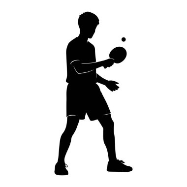 Masa tenisi oynayan hareketli bir erkek atletin siyah silüeti. O, sağ elinde bir kürek tutuyor, havaya küçük bir topa vurmaya hazırlanıyor. Sol kolu uzatılmış ve vücudu hazır vaziyette, bu da konsantrasyonu gösteriyor.