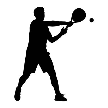 Siyah silueti olan atletik giysili bir adam, küçük bir topa vurmak için kürek sallarken görüntüleniyor. Bu figür, bir raket sporu oyunu sırasında hareket ve konsantrasyon izlenimi veren dinamik duruş ile tasvir edilmiştir. Arka plan sade.