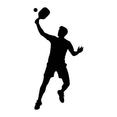 Siyah bir siluet, havada bir adam. Pickleball oynuyor. Şort ve tişört giyiyor, bir kolu topa kürekle vurmak için kalkıyor. Vücudu açılı, dinamik hareketler gösteriyor ve oyuna odaklanıyor. Arkaplan düz beyaz.