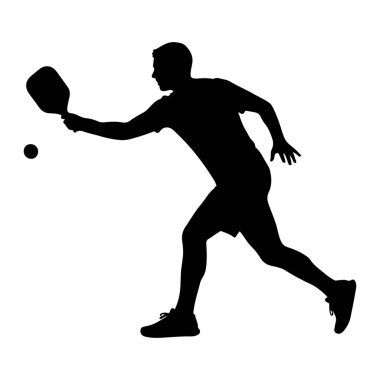 Hareket halindeki bir adamın silüeti. Pickleball oynuyor. Salıncağın ortasında yakalandı, küçük bir topa kürekle vurmak üzereydi. Adam atletik giysiler ve ayakkabılar giyiyor, vücudu ileri doğru hamle yaparken açılı. Arka plan bembeyaz.