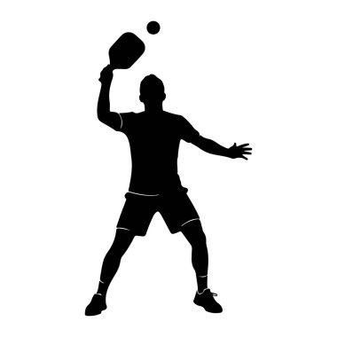Pickleball oynayan bir adamın siyah silueti beyaz arka planda tasvir edilir. O bir kürekle topa vurma hareketi içinde. Adam şort ve ayaklarında spor ayakkabıları olan bir tişört giyiyor. Duruşu aktif olduğunu gösteriyor.