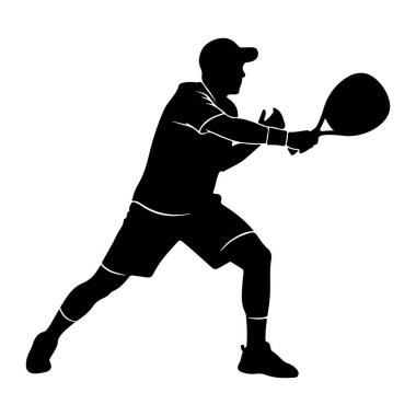 Raket sporu yapan siyah bir siluet. Bu figür bir şapka, tişört ve şort giyiyor, çorapları ve spor ayakkabıları var. Dinamik bir pozdalar, raket sallıyorlar. Görüntü, atletik aktivitenin temiz ve grafik bir temsilidir..