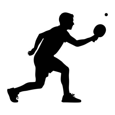 Masa tenisi oynayan bir adamın siyah silüeti. O hareket halinde, sağ elinde bir raketle ileri atlıyor, havada küçük bir topa vurmaya hazırlanıyor. Arkaplan düz beyaz.