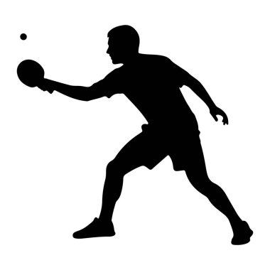 Masa tenisi oynayan bir adamın siyah silüeti. Hareket halinde, havada küçük bir topa vurmak için kürekle uzanıyor. Şekil, dinamik duruşu ve sporun kendisini vurgulayan düz beyaz bir arkaplana karşı tasvir edilmiştir..