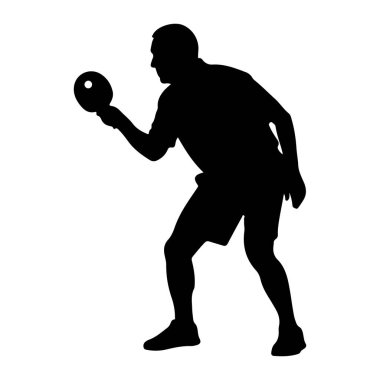 Siyah bir siluet, atletik giysili bir adam, masa tenisi raketi ve topu tutuyor, oynamaya hazır. Şekil dinamik bir duruş içinde yakalanıyor, bu da hareket ve konsantrasyonu gösteriyor. Görüntü, düz beyaz renge karşı katıksız bir grafik gösterimi.