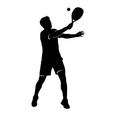 Atletik giyimli bir adamın siyah silüeti, aksiyon ortasında tenis oynarken resmedilir. O, havada bir topa vurmaya hazır bir tenis raketini başının üzerinde tutuyor. Vücudu açılı, hareket ve konsantrasyon gösteriyor. 