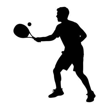 Tenis oynayan bir adamın siyah silueti. O hareket halinde, topa vurmak için tenis raketini sallıyor. Adam atletik şort ve ayakkabı giyiyor. Arkaplan düz beyaz.