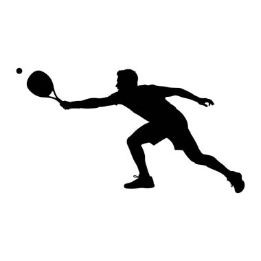 Bir topa vurmak için tenis raketi sallayan atletik kıyafetli bir adamın siyah silueti tasvir edilir. Adam şort ve spor ayakkabılar giyiyor, vücudu dinamik bir duruşla öne bakıyor. Tenis topu havada gösteriliyor, hemen öncesinde.