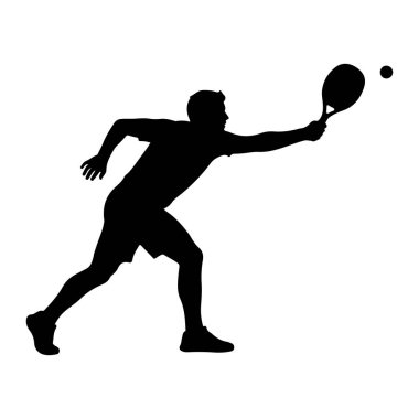 Hareket halindeki, tenis oynayan bir adamın siyah silüeti. Salıncağın ortasında, raketiyle havaya küçük bir top atmak için uzanıyor. Bu figür atletik duruş ile tasvir edilmiş, bu da oyunda dinamik bir an olduğunu gösteriyor. Arka plan düz beyaz, e