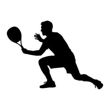 Hareketli, raket sporu yapan siyah bir siluet. Bir ayağı önde, diğeri ise bükük olarak yere çömelmiş. Sağ elinde vurmaya hazır bir raket tutuyor. Sol kolu denge için dışa doğru uzanıyor. Şekil...