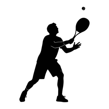 Tenis oynayan bir adamın siyah silueti beyaz bir arkaplanda tasvir edilir. Üstündeki havada görülebilen bir tenis topuna servis yapma ya da vurma hareketinde. Adam sağ elinde bir tenis raketi tutuyor ve vücudu Po.