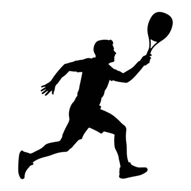 Hareket halindeki, tenis oynayan bir adamın siyah silüeti. Bir bacağı önde, diğeri ise bükük bir şekilde orta basamaktadır. Sağ elinde bir tenis raketi tutuyor, sanki topa vuruyormuş gibi kaldırıyor. Denge için sol kolu geriye doğru uzanıyor. Şekil.