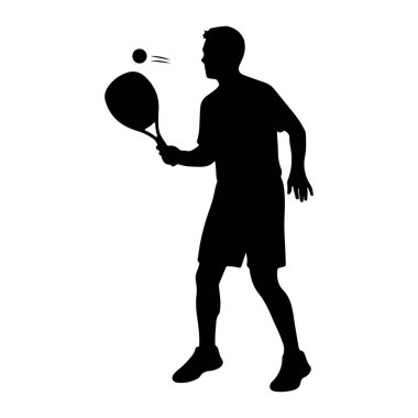 Tenis oynayan bir adamın siyah silueti beyaz bir arkaplanda tasvir edilir. Profilde, maçın ortasında tenis raketiyle havaya atılan bir topa vururken görülüyor. Adam şort ve tişört giyiyor ve duruşuna bakılırsa...