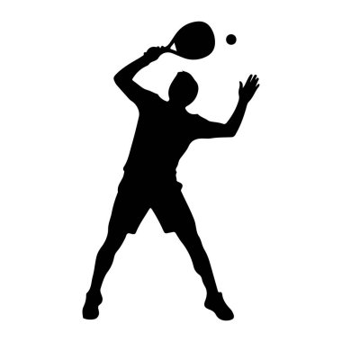 Spor şortlu ve tişörtlü bir adamın siyah silueti, aksiyon ortasında tenis oynarken resmedilir. Üstündeki topa vurmak için bir tenis raketi sallıyor. Evet. Vücudu açılı, hareket ve konsantrasyon gösteriyor. Arka plan... 