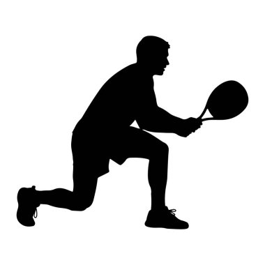 Hareket halindeki, tenis oynayan bir adamın siyah silüeti. Dinamik bir pozda yakalanır, bir dizi bükülür ve diğer bacağı sanki bir atış için hamle yapar gibi açılır. Adam iki elinde de tenis raketi tutuyor, topa vurmaya hazırlanıyor. Giyiniyor.