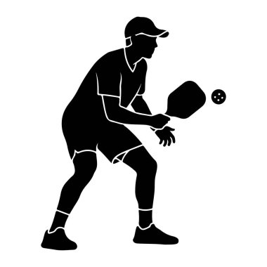 Siyah bir siluet. Şapka, tişört ve şort giyen, dinamik bir duruşta raket tutan ve bir yankesiciye vurmak üzere olan birinin silueti. Rakam, eylemin ortasında tasvir edilerek, hareket ve spora katılım gösteriliyor. Arkaplan düz beyaz