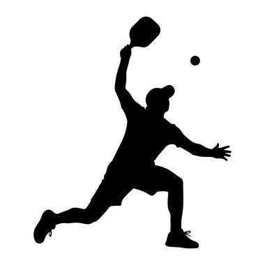 Siyah bir siluet hareket halindeki bir insan, yankesicilik oynuyor. Kişi kep ve atletik giysiler giyiyor, bir kolu kürekle topa vurmak için kalkıyor. Diğer kol uzatılmış ve bacaklar dinamik bir şekilde bükülmüş.