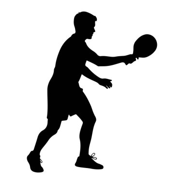 Raket sporu yapan siyah bir siluet. Kişi, bir raket tutarken ve topa vurma sürecinde gibi görünürken, hareketin ortasında tasvir ediliyor. Siluet düz beyaz bir arka planda, bir hareketin biçimini ve hareketini vurguluyor