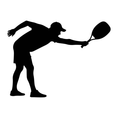 Siyah bir siluet, atletizm giysisi, kep, t-shirt, şort ve ayakkabılar da dahil olmak üzere hareket halindedir. Birey öne eğiliyor, sağ elinde raket tutuyor, vurmaya hazırlanıyor ya da bir nesneye vuruyor. Bu poz...