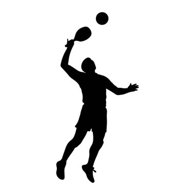 Siyah bir siluet, havada zıplayarak raketle topa vuran bir insan. Kişi şort giyiyor ve atletik bir hareketin ortasında gibi görünüyor, kolları açık ve bacakları bükülmüş. Top yukarıda ve hafifçe önde. 