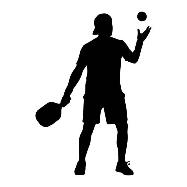 Şapka, tişört ve şort giyen birinin siyah silueti sağ elinde bir kürek tutuyor. Sol elleri havada, avuçlarının üstündeki topa doğru uzanıyor. Şekil, düz beyaz bir arka plana karşı tasvir edilir