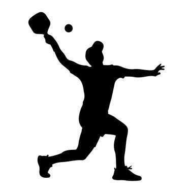 Pickleball oynayan siyah bir siluet. Oyuncu oyunun ortasında, topa vurmak için kürek sallıyor. Oyuncu atletik giysiler ve bir şapka giyiyor. Arkaplan beyaz.