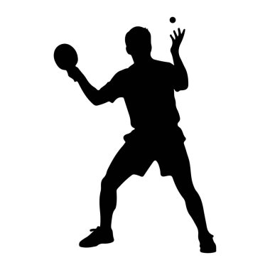 Masa tenisi oynayan siyah bir siluet. Kişi hareket ediyor, bir elinde kürek tutuyor ve diğer eliyle küçük bir topu havaya fırlatıyor. Rakam, oyunda bir servis ya da hazırlık hamlesini işaret eden orta eylemin ortasında resmedilmiş. Şey...