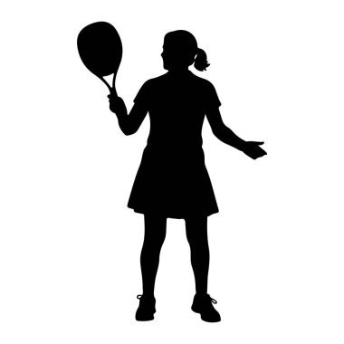 Elinde tenis raketi tutan genç bir kızın siyah silueti. O bir tişört ve bir etek giyiyor, ve onun saçı at kuyruğu içinde geri çekiliyor. Sol kolu uzatılmış ve sağ kolu bükülmüş, raketi başının üstünde tutuyor. İmaj