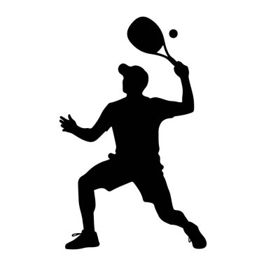 Tenis oynayan siyah bir siluet. Salıncağın ortasında, raketle topa vuruyor. Başlık, tişört, şort ve spor ayakkabısı giyiyorlar. Arkaplan beyaz.