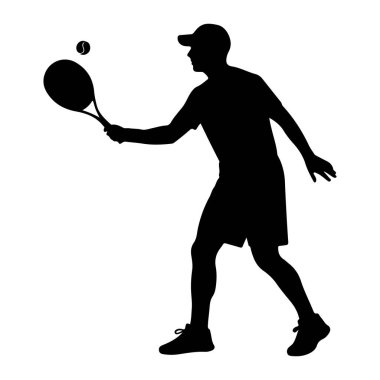 Bir erkek tenisçinin hareket halindeki siyah silueti. O bir şapka, tişört, şort ve spor ayakkabı giyiyor. Oyuncu salıncağın ortasında, raketinin üstündeki havadaki bir tenis topuna vurmak üzere. Arkaplan düz beyaz.