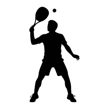 Siyah bir tenis oyuncusu silueti, topa vurmak için raket sallıyor. Oyuncu şort ve ayaklarında spor ayakkabıları olan bir tişört giyiyor. Top raketin üstünde ve önünde, servis ya da ove olduğunu gösteriyor.