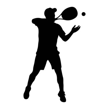 Bir tenis oyuncusunun siyah silueti, bir topa vurmak için raket sallıyor. Oyuncu topa vurmak için vücuduna dinamik bir şekilde yerleştirilmiş bir başlık, tişört ve şort giyiyor. Görüntü, beyaza karşı siyahın katıksız kontrastıdır. 