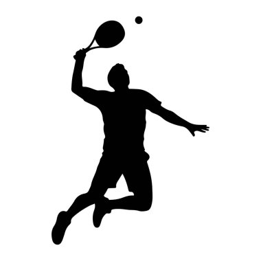 Tenis oyuncusunun siyah bir silueti havada, tenis topuna raketle vurmak için zıplıyor. Oyuncu atletik kıyafetler giyiyor ve servis yapıyor ya da karşılık veriyor gibi görünüyor. Arkaplan düz beyaz.