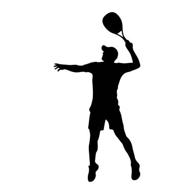 Bir erkek tenisçinin siyah silueti servis yapmak için zıplarken havada yakalandı. Şapka, tişört ve şort giyiyor ve kafasının üstünde vurmaya hazır bir tenis raketi tutuyor. Vücudu açılı, bir kolu denge için uzatılmış ve... 